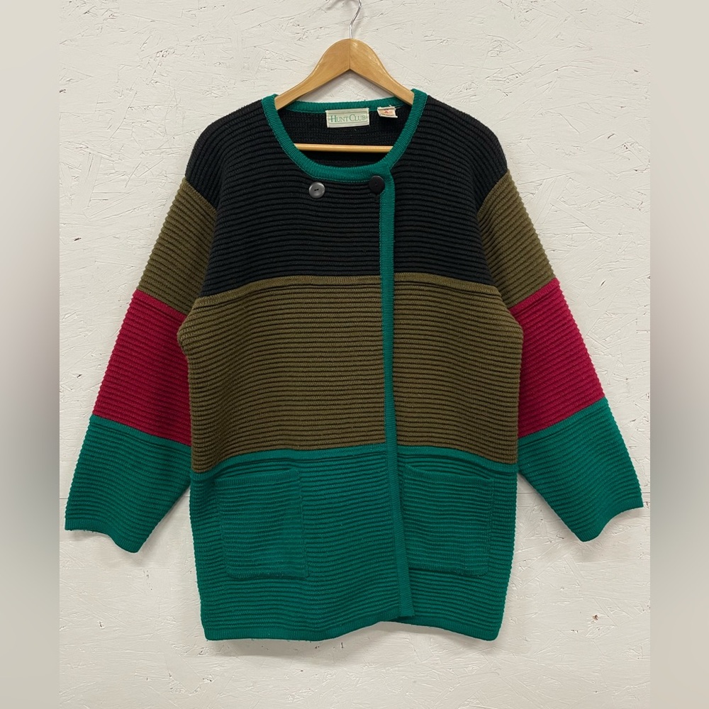 Vintage 90s Hunt Club Color Block Knitted Cardigan Sweater, Size M (Fits Larger)